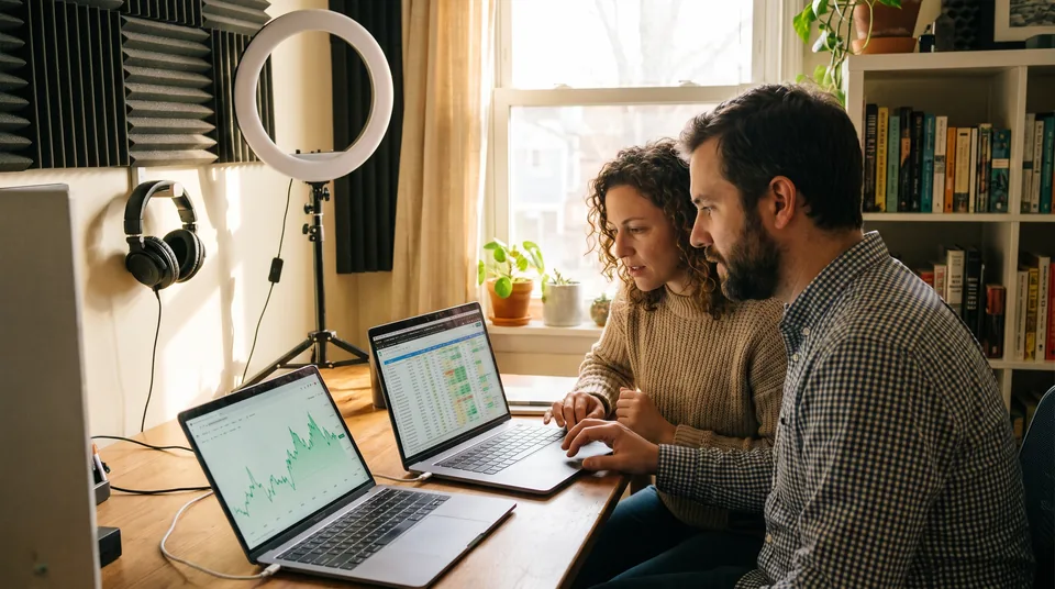 Course creator and media buyer comparing ad tracking reports on two laptops