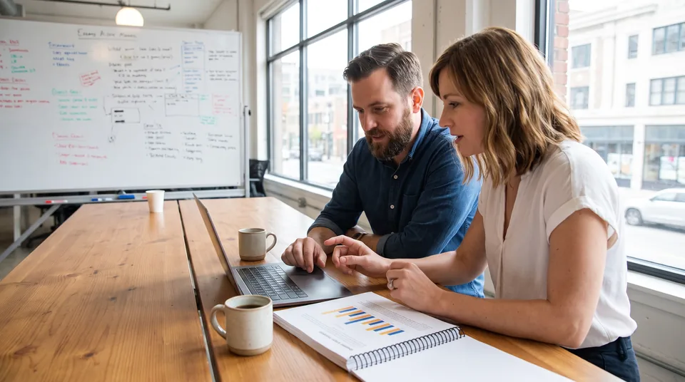 Agency account managers reviewing a monthly client marketing report