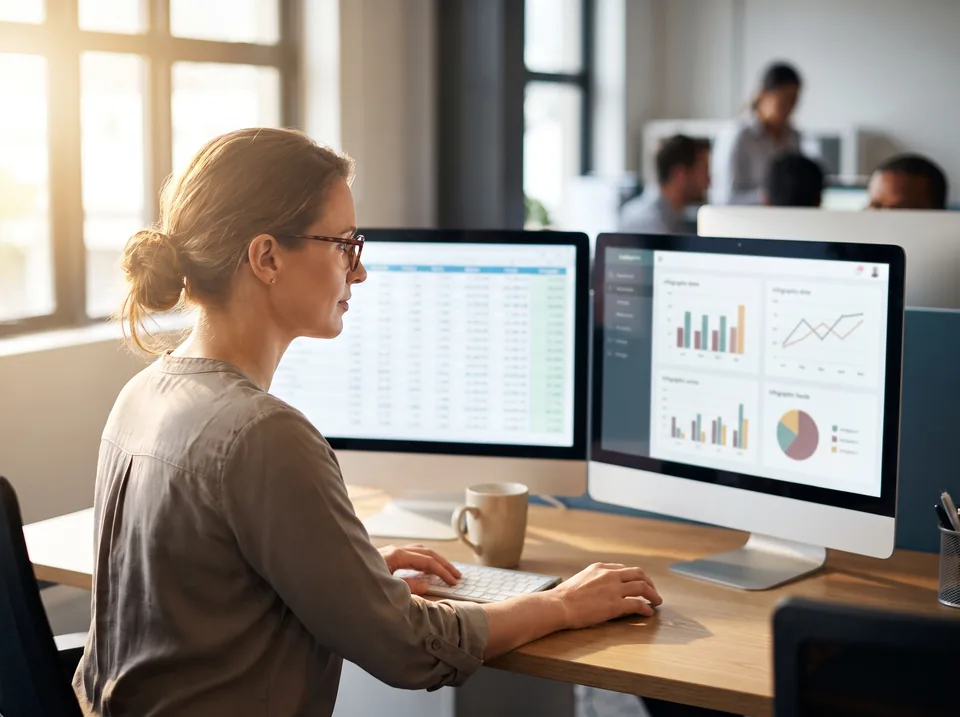 Marketing analyst comparing a raw data feed with a finished reporting dashboard
