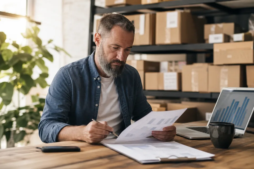 Ecommerce manager reviewing order profit next to packed shipping boxes