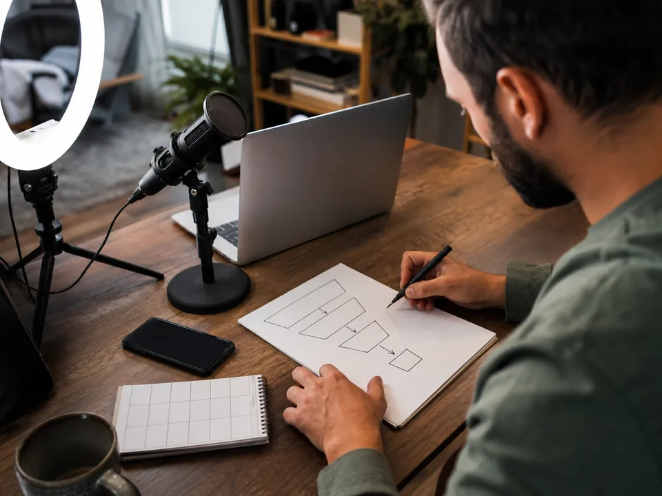 Online course creator sketching a sales funnel on paper at a home studio desk